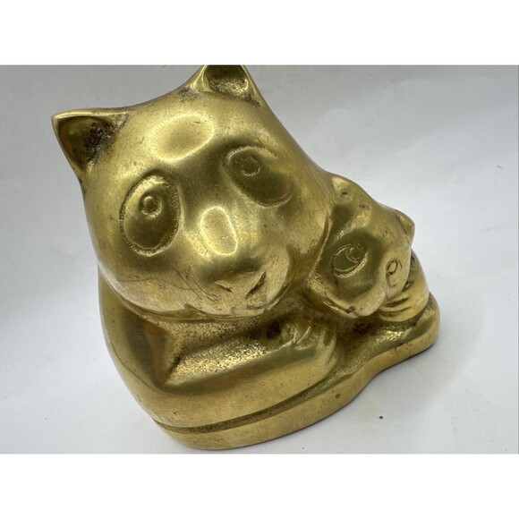 Vintage Mid Century 4” Brass Bank Panda Bear w Baby Panda Statue MCM - Picture 2 of 4